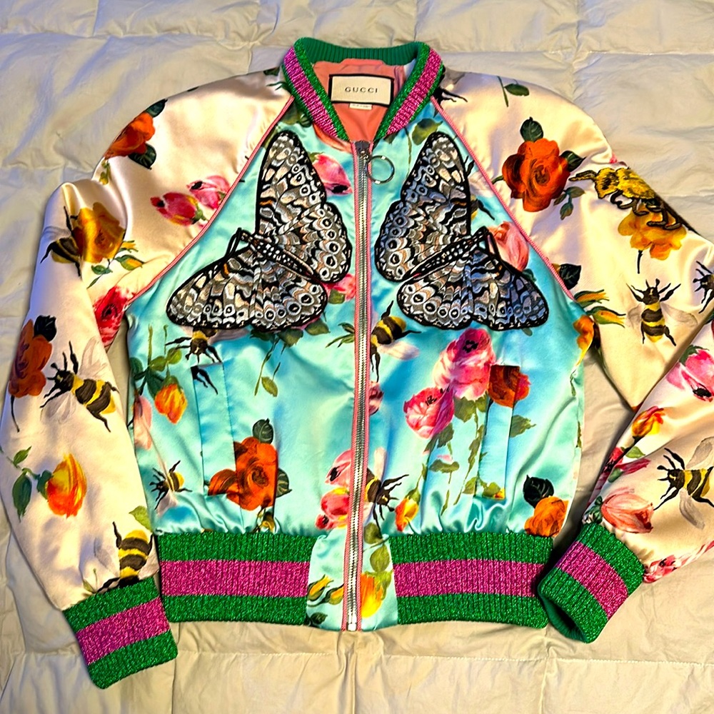 Gucci pink & Blue Butterfly Embroidered Silk Bomber Jacket size 46/10